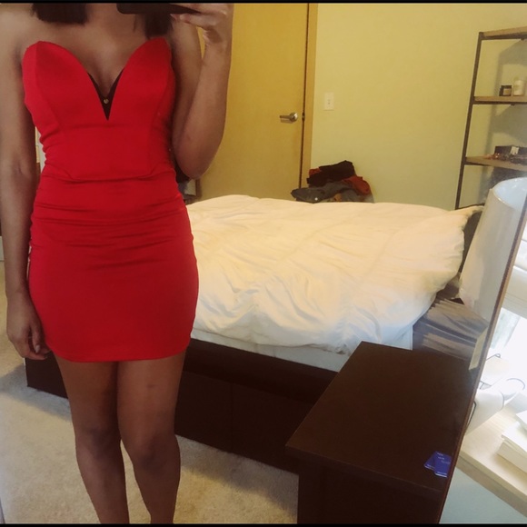 Red Plunging V Neck Mini Dress - Picture 3 of 3